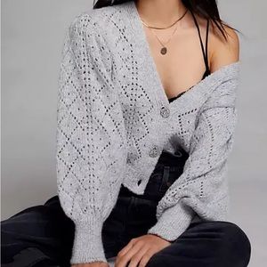 Anthropologie XS Gray Knit Pointelle Cardigan Button Sweater